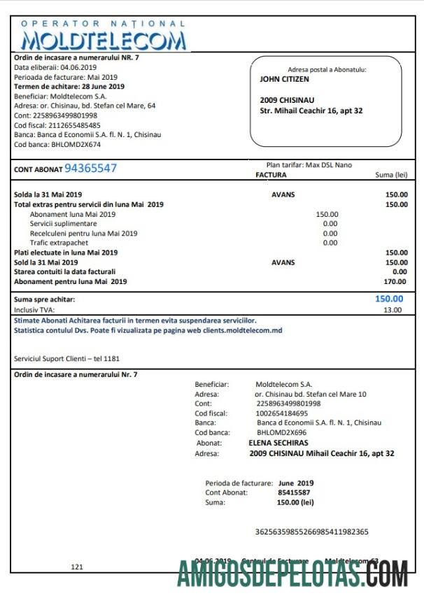Em branco modelo de fatura de serviços públicos da Moldávia Moldtelecom em formato Word e PDF, totalmente editável